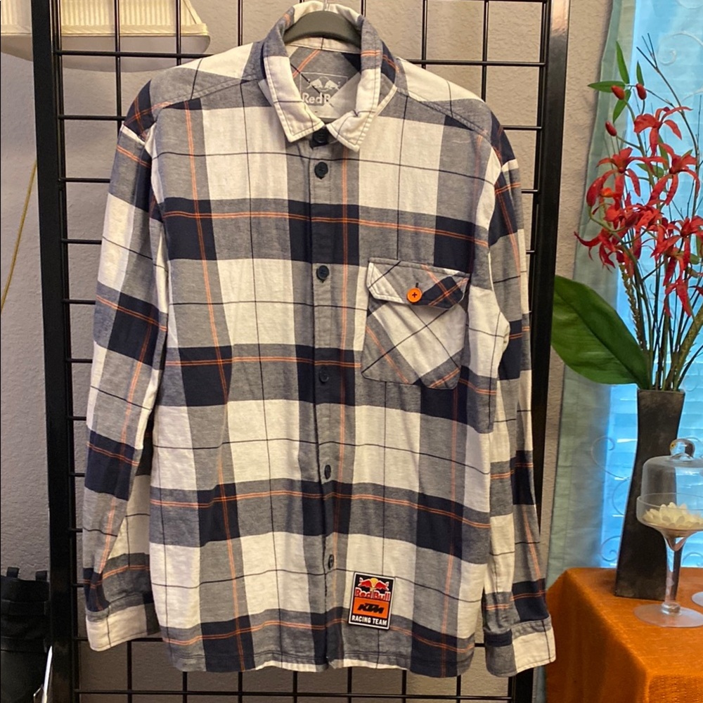KTM RED BULL RACING MOTOCROSS Plaid Button Down Shirt - Blue and White